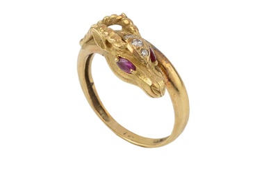 A Continental gold and gem set ram's head ring, of...