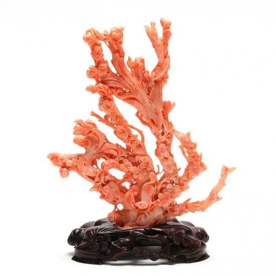 A Coral Carving of Birds, Flowers, and Squirrels with