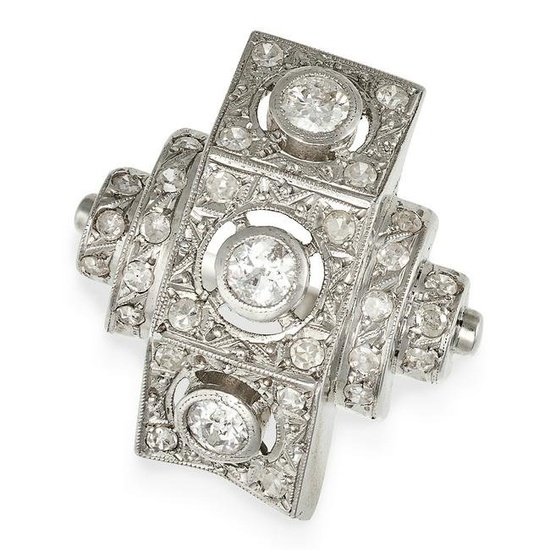 A DIAMOND DRESS RING the geometric face set with a trio of old cut diamonds, accented throughout