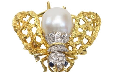 A DIAMOND, SAPPHIRE AND PEARL INSECT BROOCH