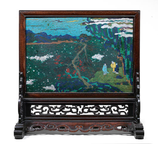 A FINE AND RARE CLOISONNÉ ENAMEL SCREEN AND STAND