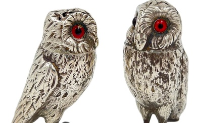 A FINE CASED MATCHED PAIR OF SILVER OWL SALT...