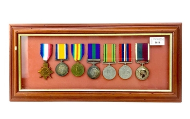 A FRAMED WORLD WAR MEDAL GROUP RELATING TO THE LOGUE FAMILY