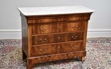 A French walnut marble topped chest of three drawers on...