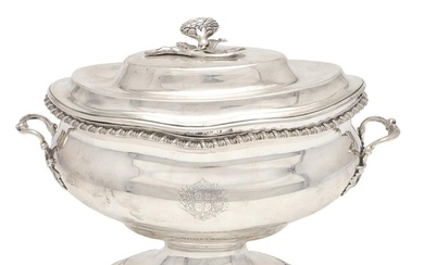 A GEORGE III SILVER SOUP TUREEN & COVER. shaped oval outline...