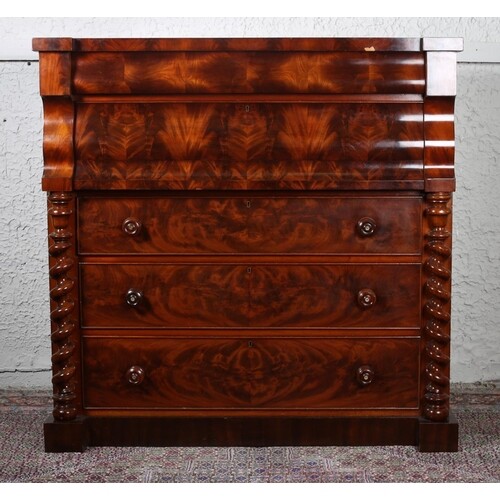 A GOOD VICTORIAN MAHOGANY SCOTCH CHEST of inverted breakfron...