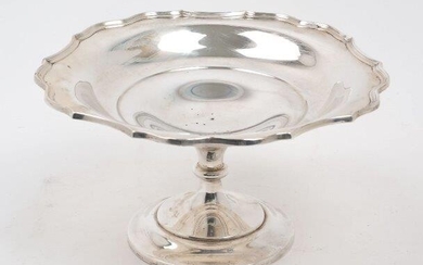 A George V silver footed bowl, Chester, 1914, Barker Bros, of circular form, the shallow bowl with scalloped rim to a knopped stem and circular foot, 12cm high, 22.2cm dia., approx. weight 13.9oz