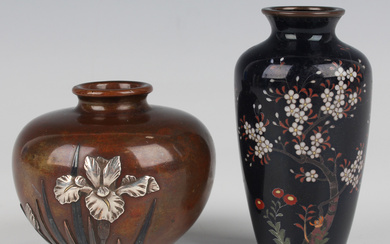 A Japanese brown patinated bronze and mixed metal decorated vase by Asada, Meiji period, of squat gl