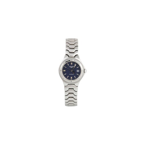 A LADY'S STAINLESS STEEL LONGINES CONQUEST WATCH, with blue ...