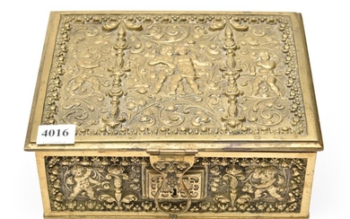 A LARGE DECORATIVE FIGURAL BRASS BOX, 19TH CENTURY