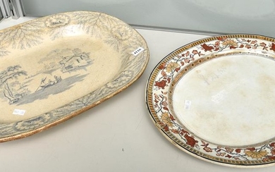 A LARGE VICTORIAN BLUE AND WHITE MEAT DISH AND A VICTORIAN 'SATSUMA' PATTERN PLATTER
