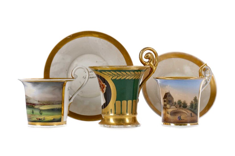 A LATE 19TH CENTURY PARIS PORCELAIN CABINET CUP, ALONG WITH THREE OTHERS