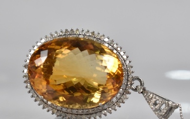 A Large Citrine and Diamond Mounted White Metal Pendant, Cen...