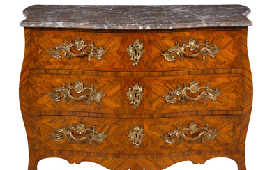 A Louis XV Gilt Bronze Mounted Parquetry Marble-Top Commode