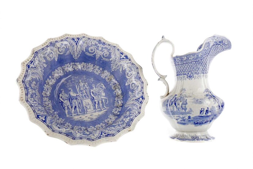 A MID-VICTORIAN STAFFORDSHIRE BLUE & WHITE EARTHENWARE WASH BASIN AND EWER