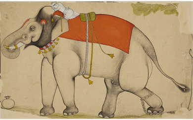 A PAINTING OF A CHAINED ELEPHANT INDIA, RAJASTHAN, SAWAR, 19TH CENTURY