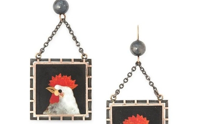 A PAIR OF ANTIQUE PIETRA DURA CHICKEN EARRINGS, LATE