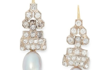 A PAIR OF ART DECO PEARL AND DIAMOND DROP EARRINGS the