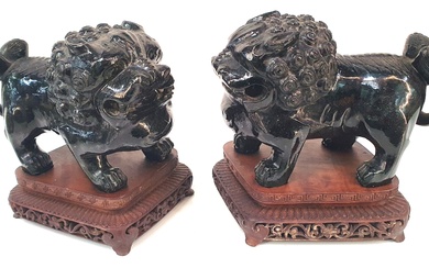 A PAIR OF CHINESE CARVED HARD BLACK STONE FOO DOGS