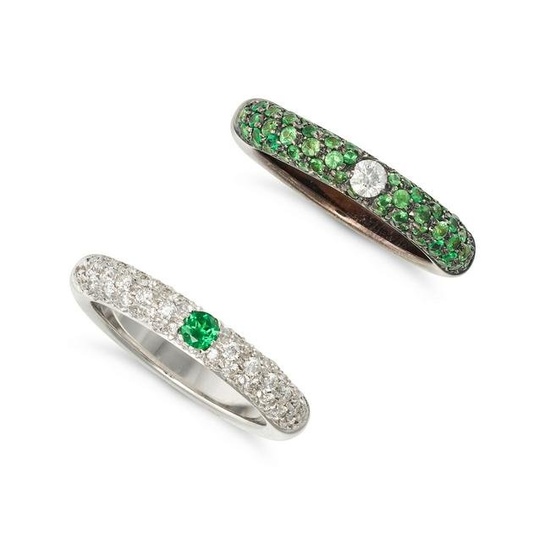 A PAIR OF DIAMOND AND TSAVORITE GARNET BAND RINGS in 18ct white gold, one band pave set with round