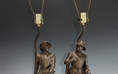 A PAIR OF DON JUAN AND DON CAESAR SPELTER TABLE LAMPS, EARLY 20TH CENTURY