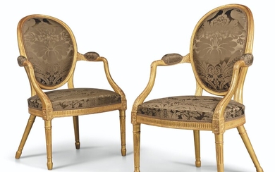 A PAIR OF ENGLISH GILTWOOD ARMCHAIRS