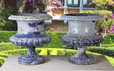 A PAIR OF FRENCH BLUE ENAMELLED CAST IRON PLANTERS LATE 19TH CENTURY BY FONDERIE CORNEAU ALFRED