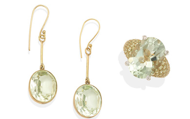 A PAIR OF GOLD AND CHRYSOBERYL EARRINGS AND A GOLD...