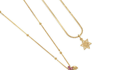 A PAIR OF GOLD PENDANT NECKLACES