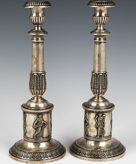 A PAIR OF HEAVY SILVER CANDLESTICKS. Germany, 19th