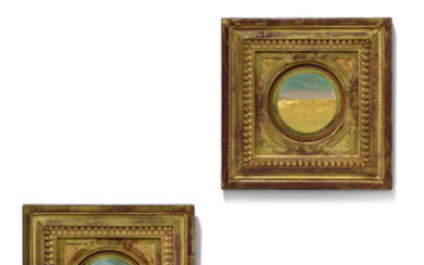 A PAIR OF LATE LOUIS XV EMBOSSED, GILT AND POLYCHROME-DECORATED SILVER FOIL LANDSCAPE VIEWS