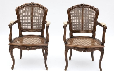 A PAIR OF LOUIS XV WALNUT AND RATTAN FAUTEUILS, SEAT HEIGHT 41CM