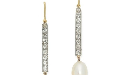 A PAIR OF PEARL AND DIAMOND DROP EARRINGS each designed