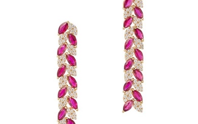A PAIR OF RUBY AND DIAMOND DROP EARRINGS each comprising two rows of marquise cut rubies and