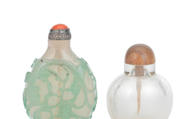 A PALE GREEN GLASS OVERLAY SNUFF BOTTLE AND A ROCK...