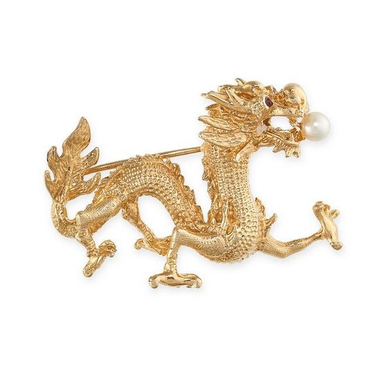 A PEARL AND RUBY CHINESE DRAGON BROOCH in yellow gold