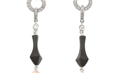 A Pair of Art Deco Style Coral, Onyx and Diamond...