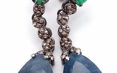 A Pair of Blue Sapphire, Emerald & Diamond Earrings...