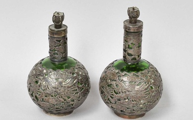 A Pair of Chinese Silver-Mounted Green Glass Scent-Bottles, Retailers Mark...