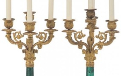 A Pair of French Empire Style Malachite and Gilt