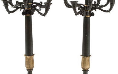 A Pair of French Empire-Style Patinated and Gilt Bronze Eight-Light Candelabra with Eagle Motif