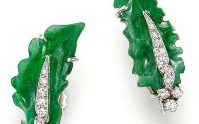 A Pair of Jadeite, Diamond and Gold Earrings
