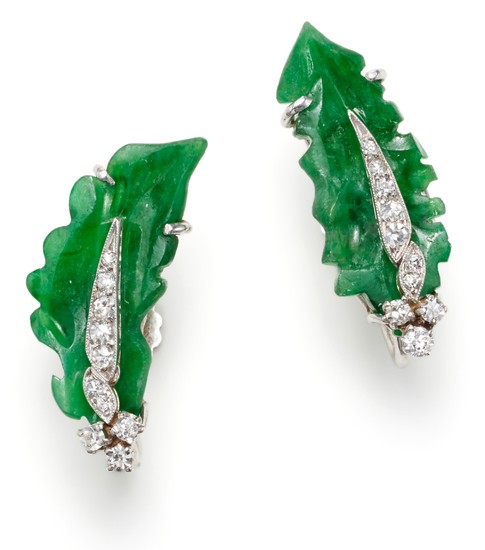 A Pair of Jadeite, Diamond and Gold Earrings