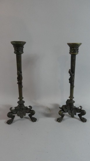 A Pair of Late 19th Bronze Candlesticks of Reeded Column For...