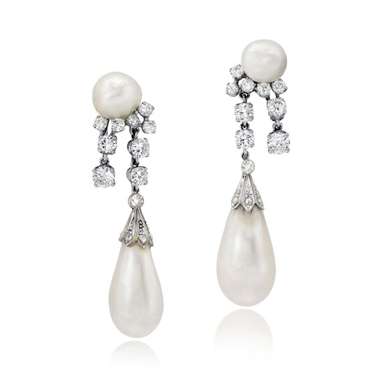 A Pair of Natural Pearl, Diamond, Platinum, and White Gold Earrings