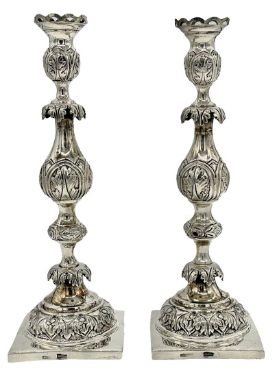 A Pair of Silver Shabbat Candlesticks, Jewish Silversmith Szmul Szkarlat, Poland 1888