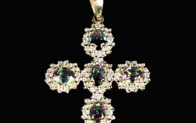 A Pretty Gold Pendant Crucifix set with six coloured oval-cut gems, possibly flourite, each in a mil