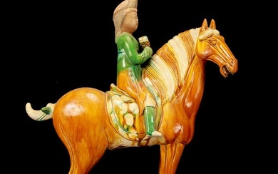 A Rare Tang Tri-Color Glazed Pottery Figure Riding Horse Ornament