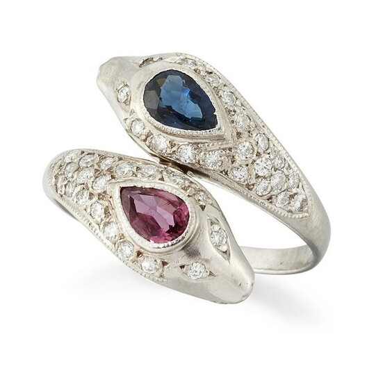 A SAPPHIRE, RUBY AND DIAMOND CROSSOVER RING, a pear-cut
