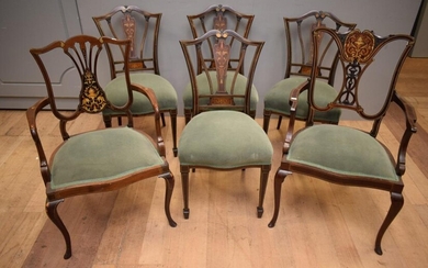 A SET OF SIX SOLID ROSEWOOD SHERATON REVIVAL DINING CHAIRS WITH DECORATIVE INLAY INCLUDING TWO CARVERS (CARVERS 92H X 58W X 50D CM)